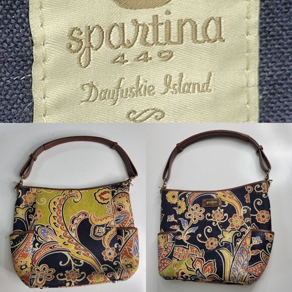 SPARTINA 449 LINEN + LEATHER RESORT FLORAL PREPPY PURSE BAG DAUFUSKIE ISLAND SC - Picture 1 of 16